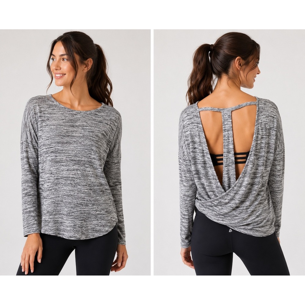 Athleta Women's XS Gray Space Dye Open Back Crossover Long Sleeve Yoga Top
